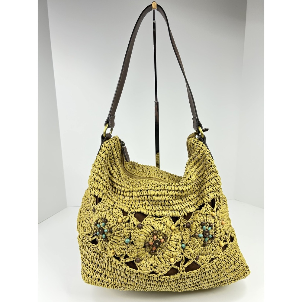 St Johns Bay Straw Hobo Shoulder Bag Tan Crochet Beaded Boho Festival‎ Purse